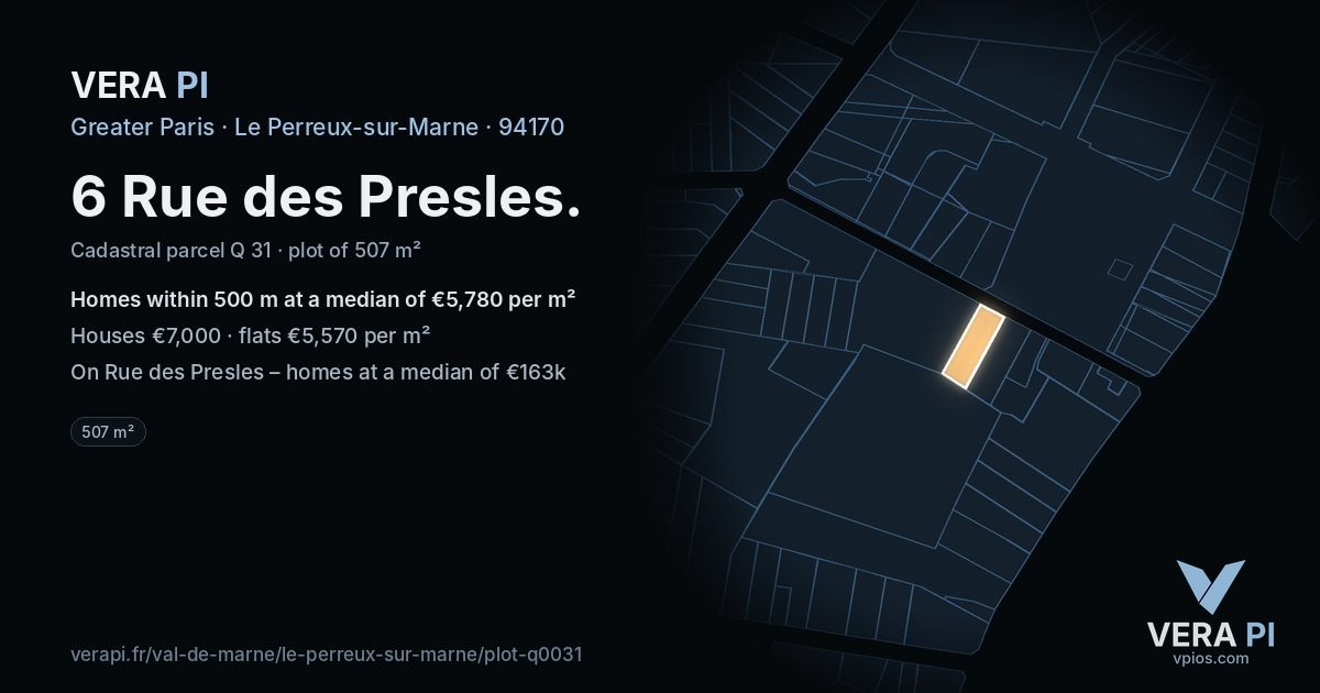 6 Rue des Presles, Le Perreux-sur-Marne at night – the plot lit, the parcels around coloured by the prices near them