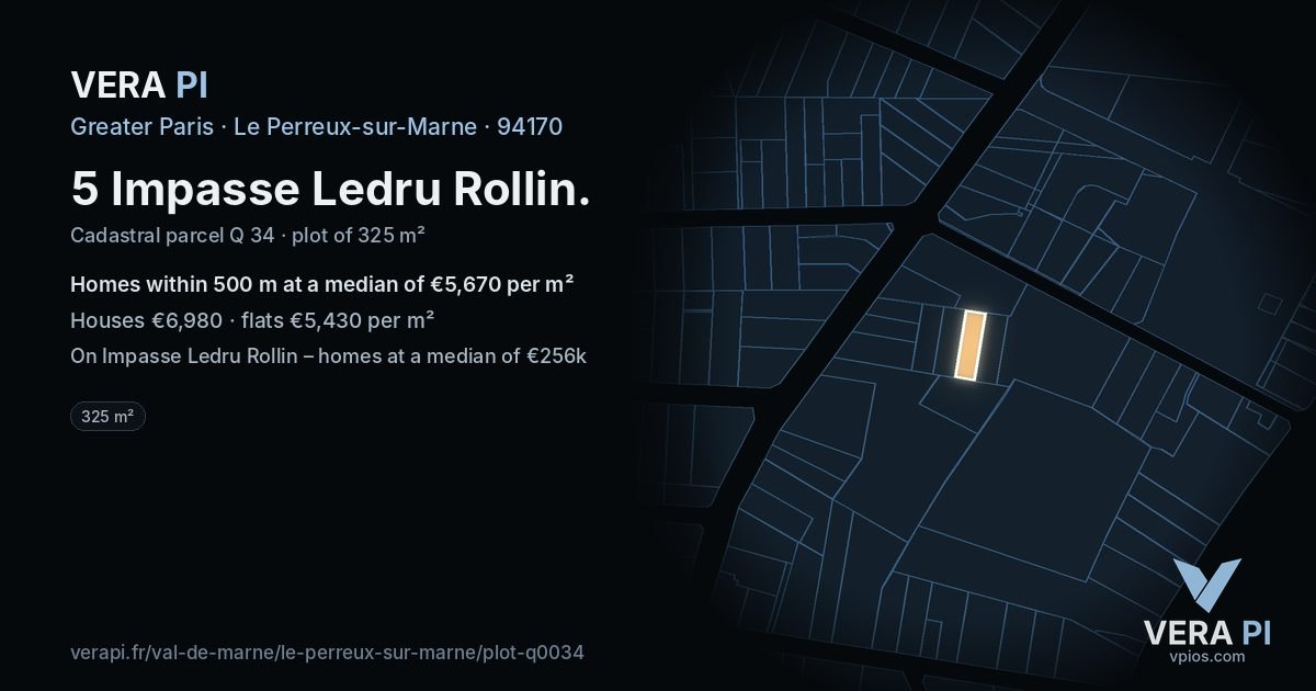 5 Impasse Ledru Rollin, Le Perreux-sur-Marne at night – the plot lit, the parcels around coloured by the prices near them