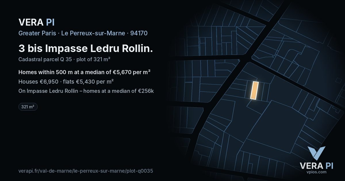 3 bis Impasse Ledru Rollin, Le Perreux-sur-Marne at night – the plot lit, the parcels around coloured by the prices near them