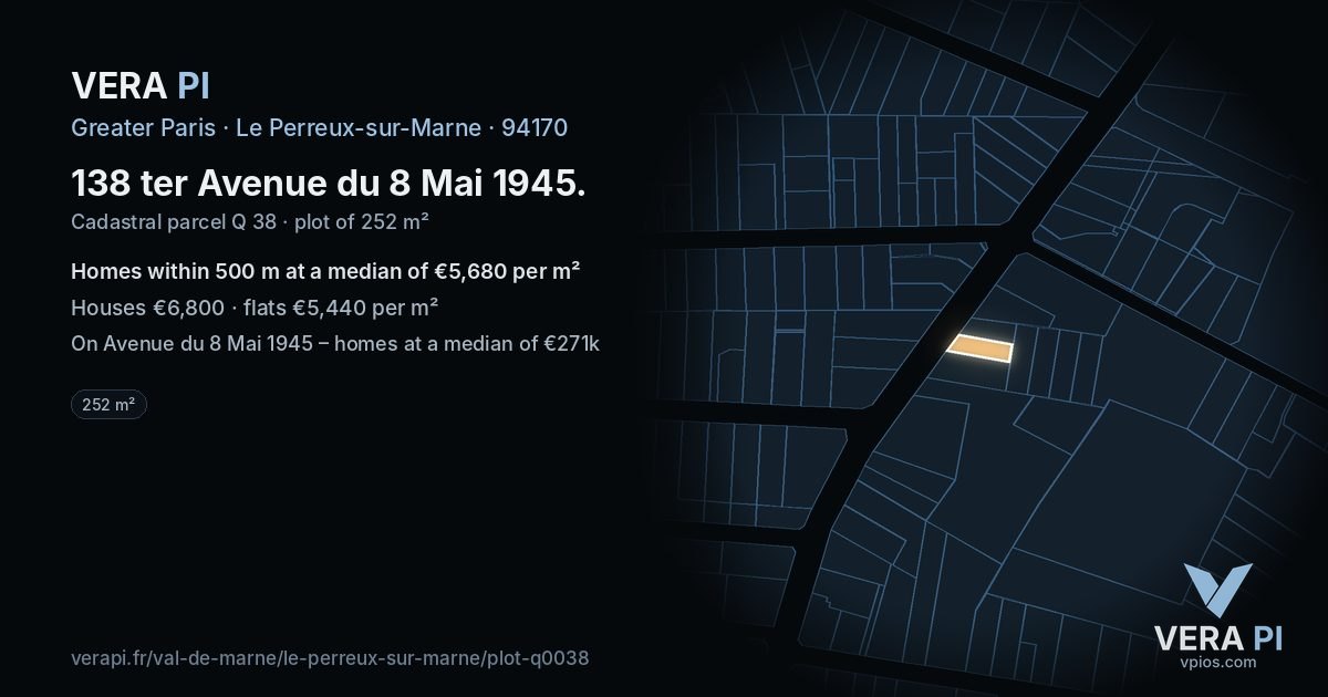 138 ter Avenue du 8 Mai 1945, Le Perreux-sur-Marne at night – the plot lit, the parcels around coloured by the prices near them