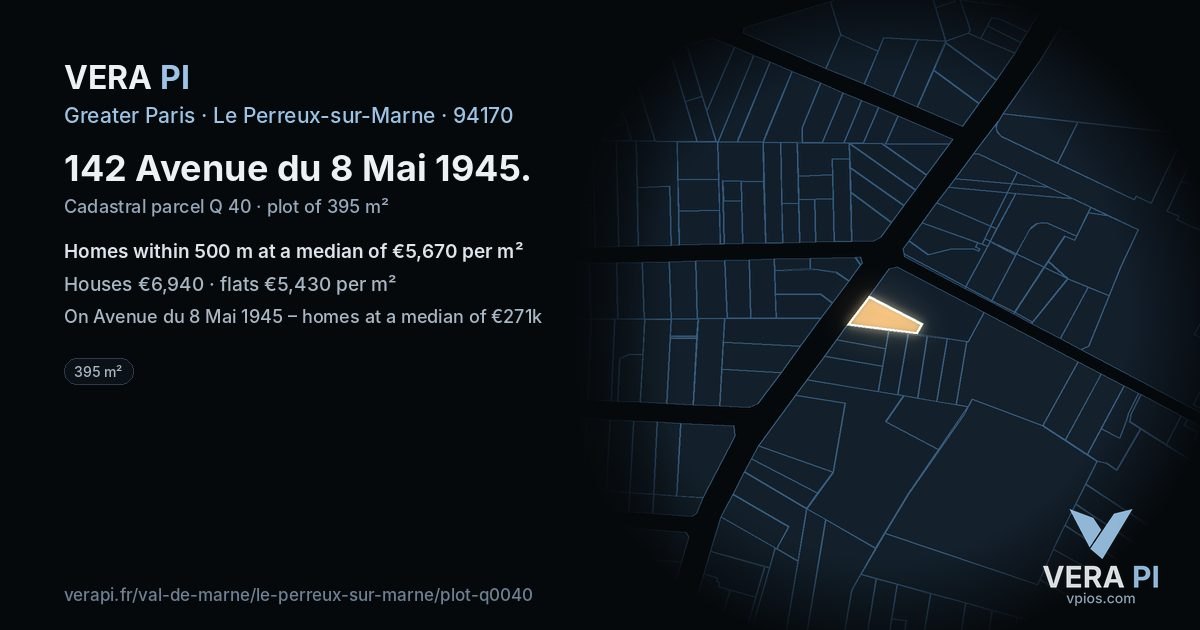 142 Avenue du 8 Mai 1945, Le Perreux-sur-Marne at night – the plot lit, the parcels around coloured by the prices near them