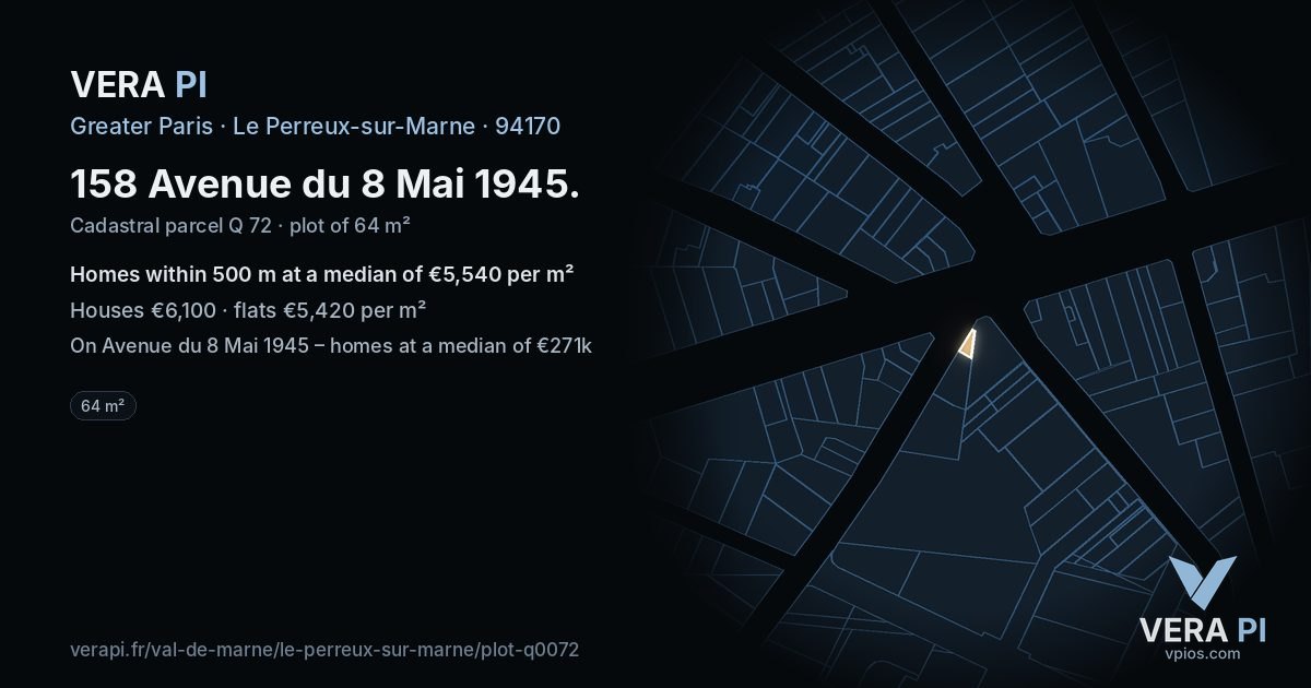 158 Avenue du 8 Mai 1945, Le Perreux-sur-Marne at night – the plot lit, the parcels around coloured by the prices near them