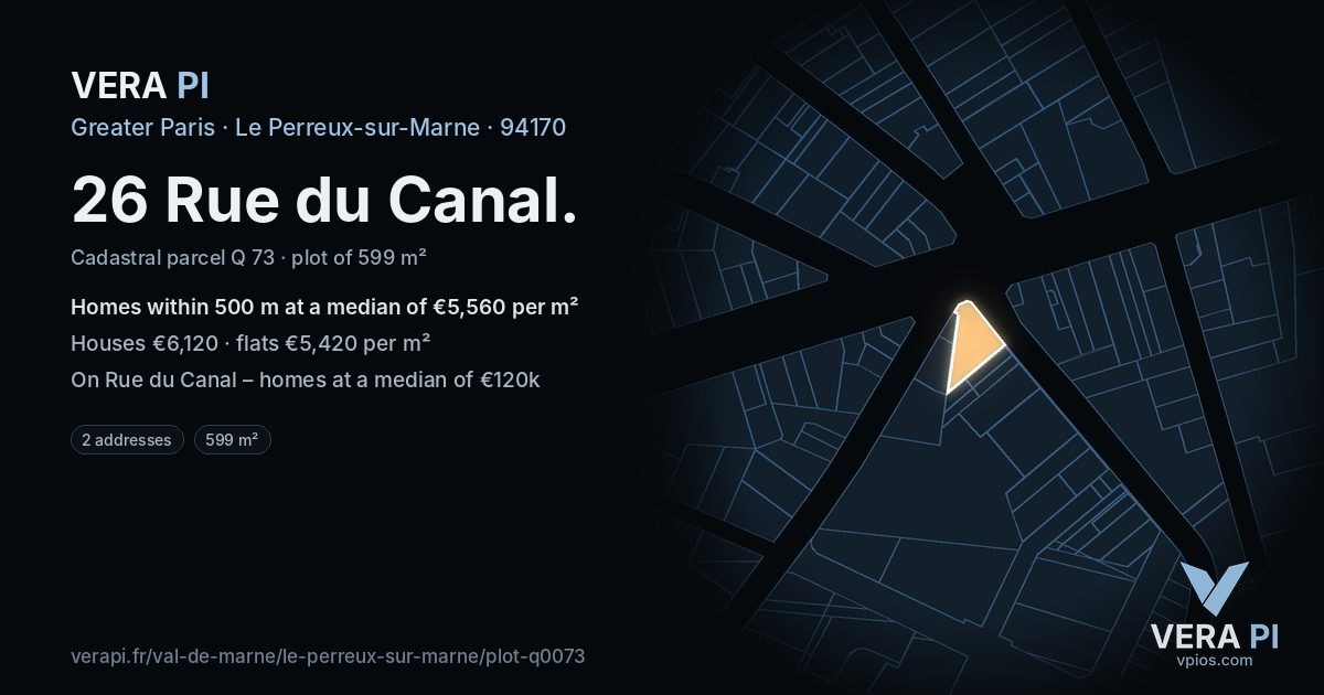 26 Rue du Canal, Le Perreux-sur-Marne at night – the plot lit, the parcels around coloured by the prices near them