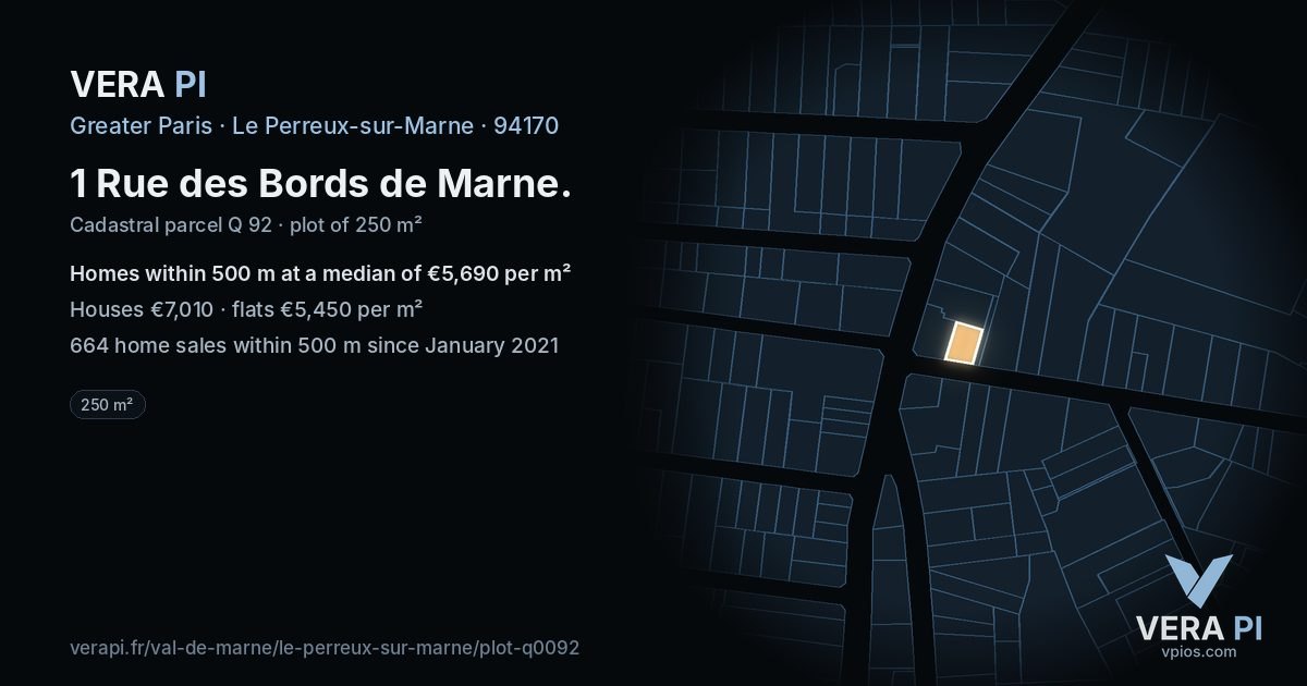 1 Rue des Bords de Marne, Le Perreux-sur-Marne at night – the plot lit, the parcels around coloured by the prices near them