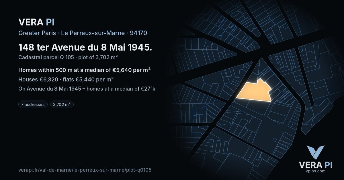 148 ter Avenue du 8 Mai 1945, Le Perreux-sur-Marne at night – the plot lit, the parcels around coloured by the prices near them