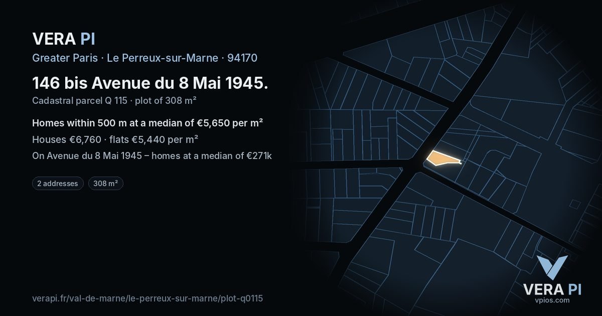 146 bis Avenue du 8 Mai 1945, Le Perreux-sur-Marne at night – the plot lit, the parcels around coloured by the prices near them