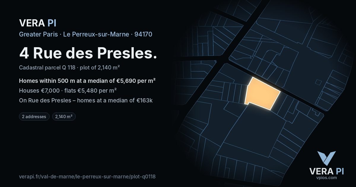 4 Rue des Presles, Le Perreux-sur-Marne at night – the plot lit, the parcels around coloured by the prices near them