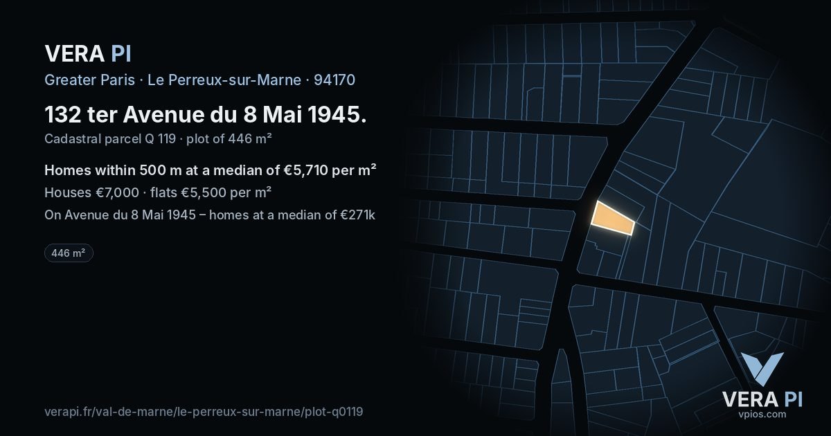 132 ter Avenue du 8 Mai 1945, Le Perreux-sur-Marne at night – the plot lit, the parcels around coloured by the prices near them