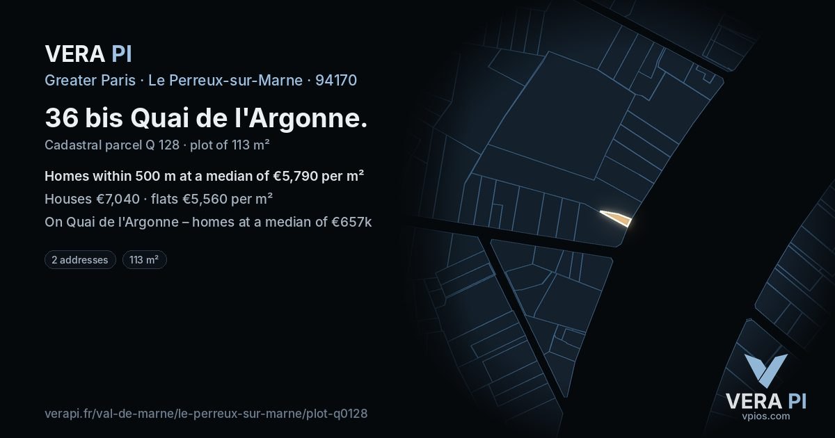 36 bis Quai de l'Argonne, Le Perreux-sur-Marne at night – the plot lit, the parcels around coloured by the prices near them