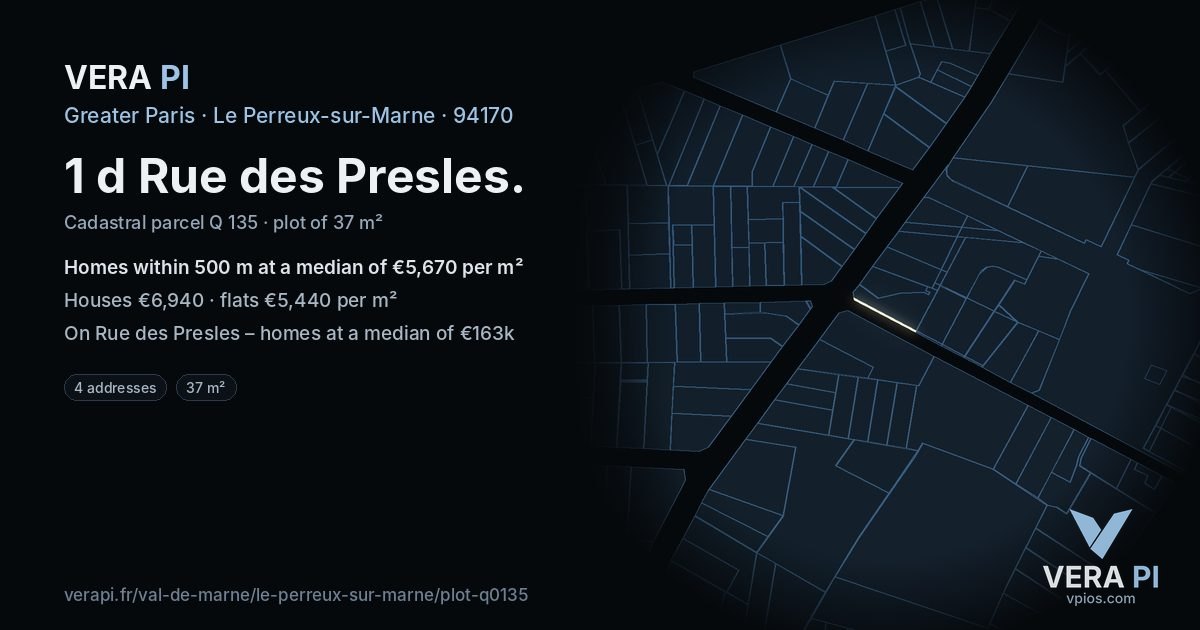 1 d Rue des Presles, Le Perreux-sur-Marne at night – the plot lit, the parcels around coloured by the prices near them