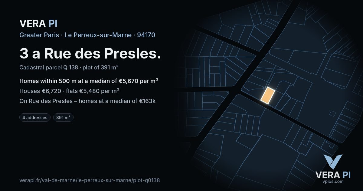 3 a Rue des Presles, Le Perreux-sur-Marne at night – the plot lit, the parcels around coloured by the prices near them
