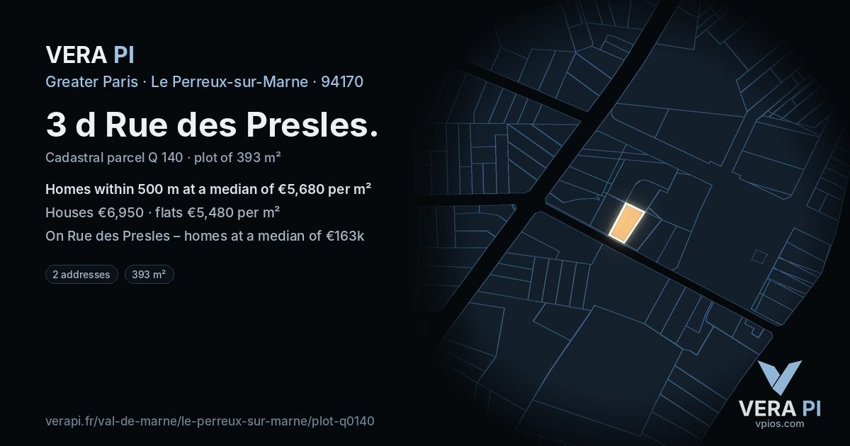 3 d Rue des Presles, Le Perreux-sur-Marne at night – the plot lit, the parcels around coloured by the prices near them