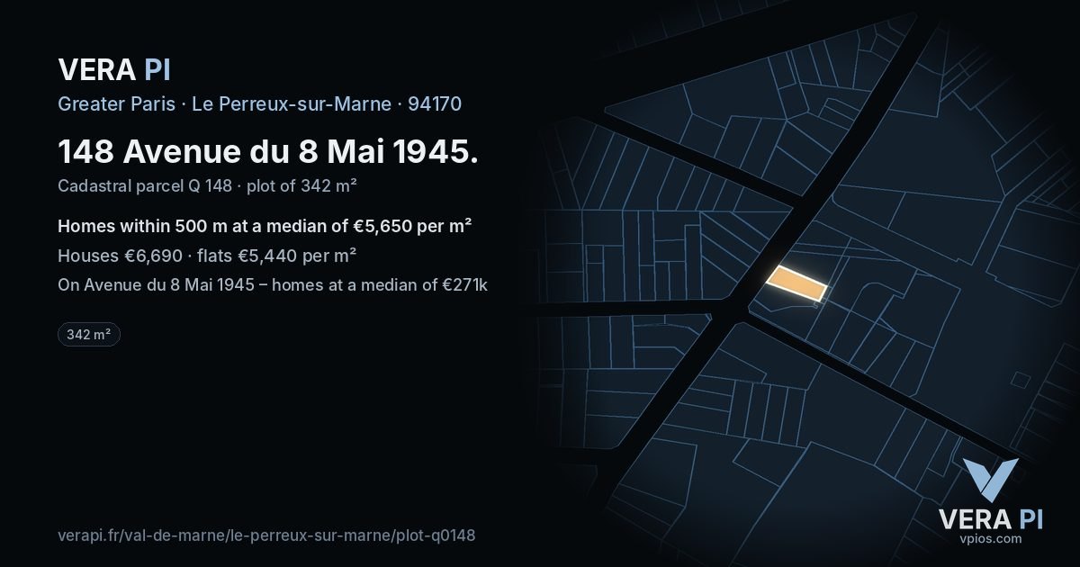 148 Avenue du 8 Mai 1945, Le Perreux-sur-Marne at night – the plot lit, the parcels around coloured by the prices near them