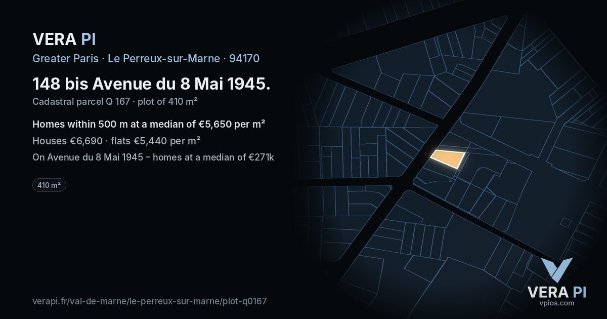 148 bis Avenue du 8 Mai 1945, Le Perreux-sur-Marne at night – the plot lit, the parcels around coloured by the prices near them
