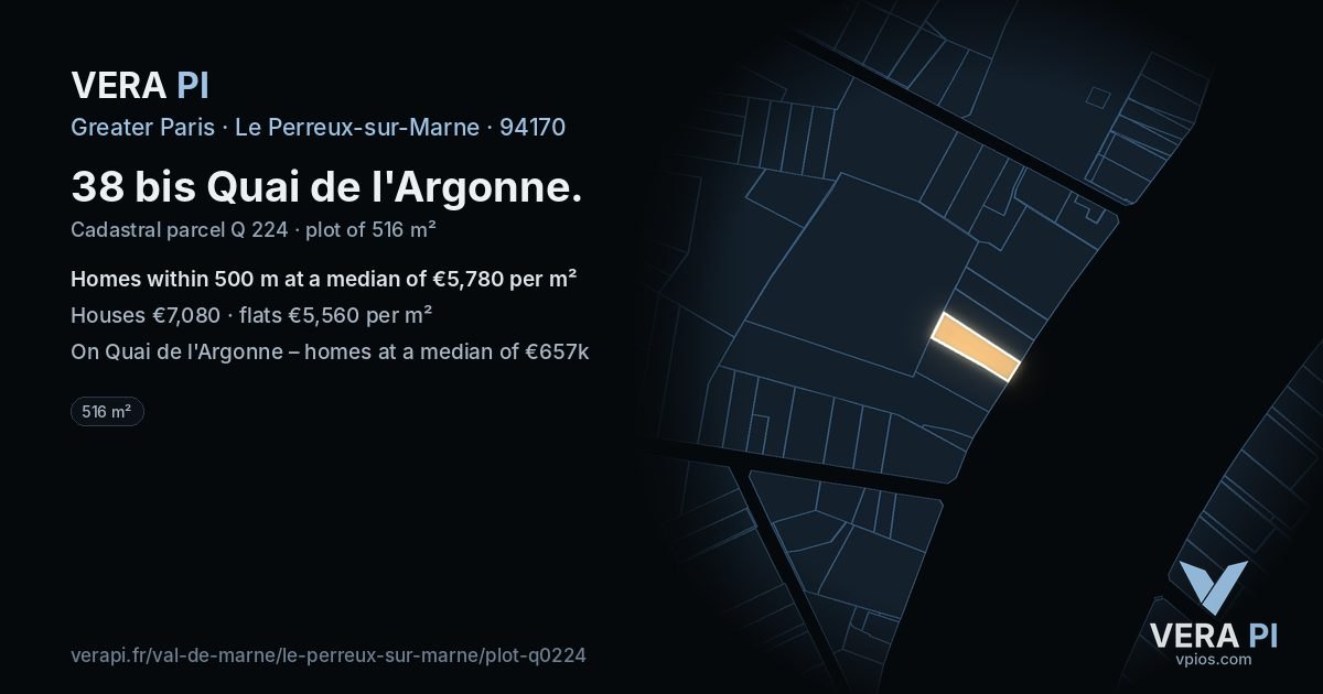 38 bis Quai de l'Argonne, Le Perreux-sur-Marne at night – the plot lit, the parcels around coloured by the prices near them