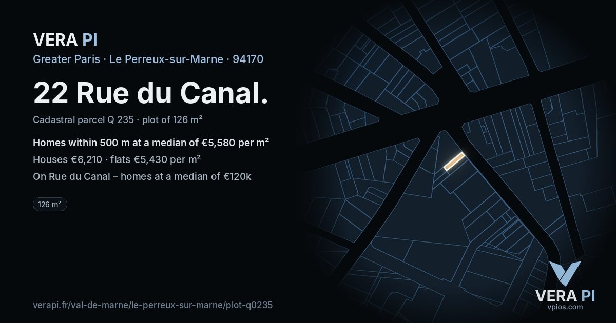 22 Rue du Canal, Le Perreux-sur-Marne at night – the plot lit, the parcels around coloured by the prices near them