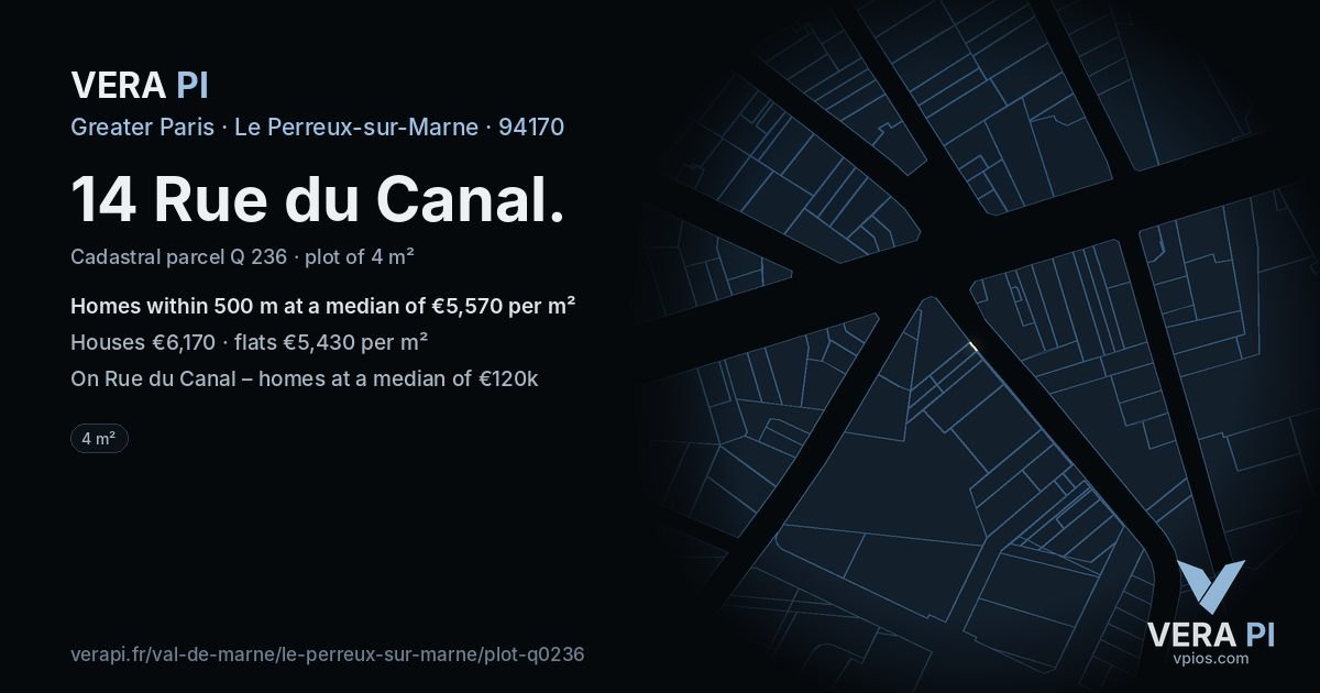14 Rue du Canal, Le Perreux-sur-Marne at night – the plot lit, the parcels around coloured by the prices near them