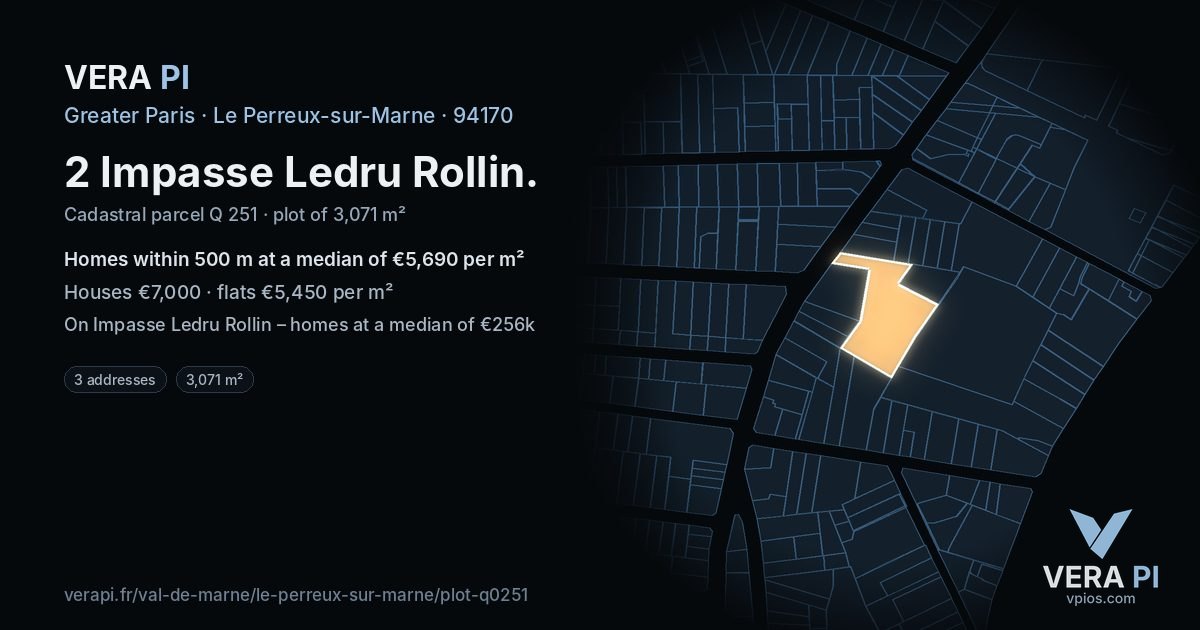 2 Impasse Ledru Rollin, Le Perreux-sur-Marne at night – the plot lit, the parcels around coloured by the prices near them
