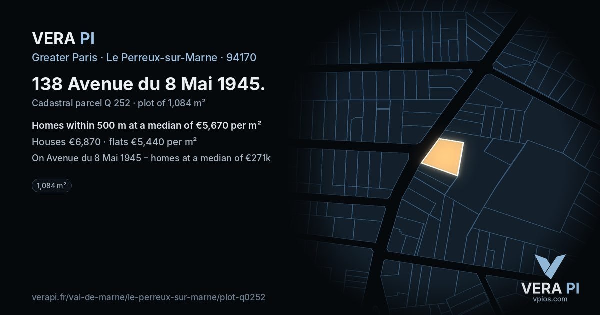 138 Avenue du 8 Mai 1945, Le Perreux-sur-Marne at night – the plot lit, the parcels around coloured by the prices near them