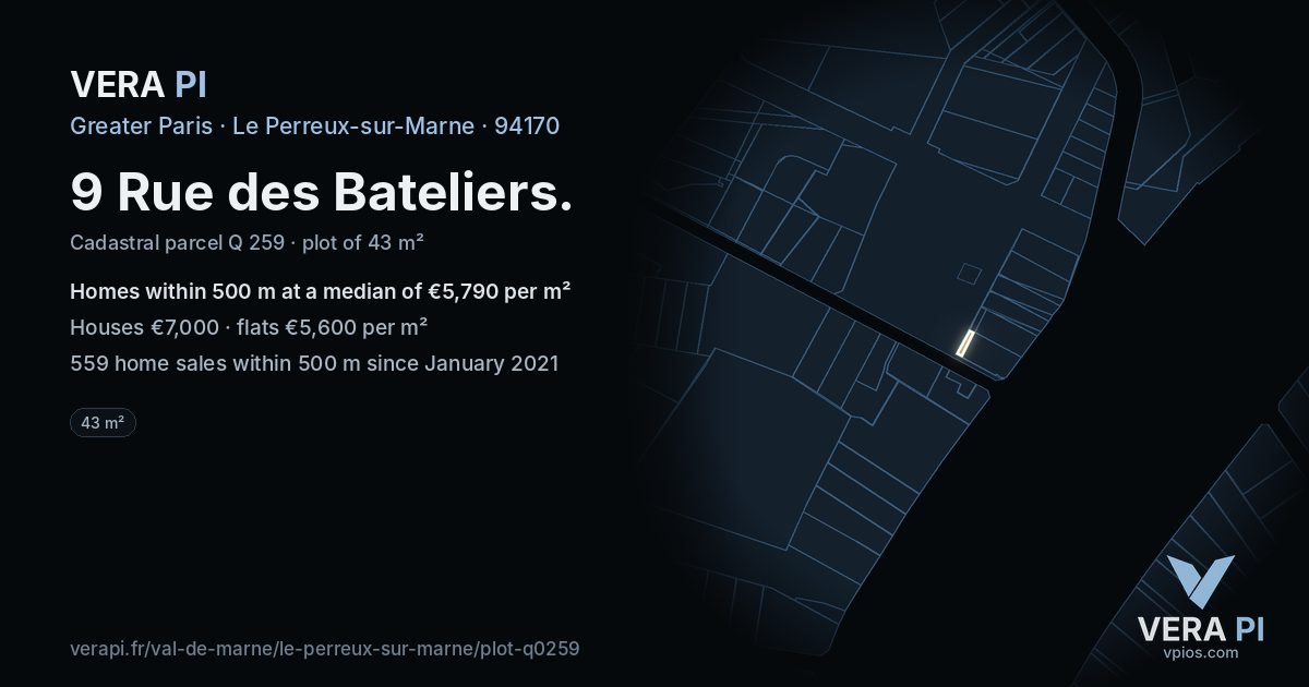 9 Rue des Bateliers, Le Perreux-sur-Marne at night – the plot lit, the parcels around coloured by the prices near them
