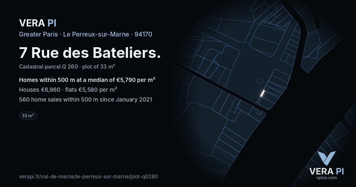 7 Rue des Bateliers, Le Perreux-sur-Marne at night – the plot lit, the parcels around coloured by the prices near them