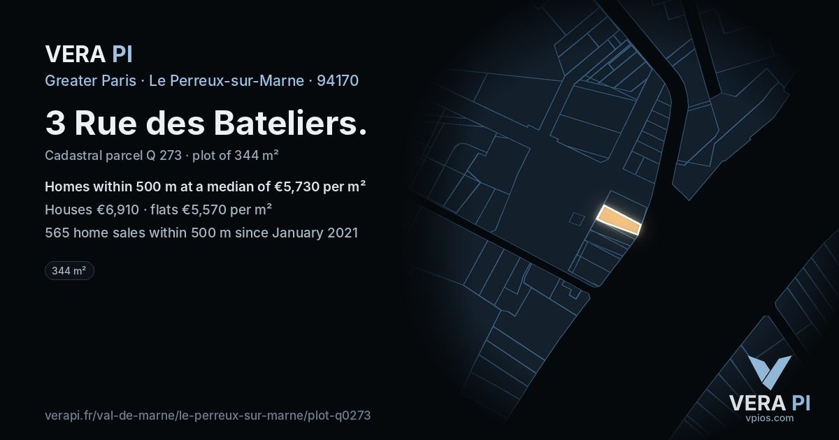 3 Rue des Bateliers, Le Perreux-sur-Marne at night – the plot lit, the parcels around coloured by the prices near them
