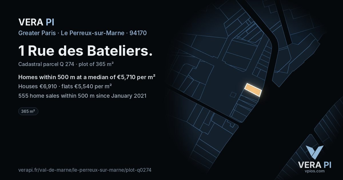 1 Rue des Bateliers, Le Perreux-sur-Marne at night – the plot lit, the parcels around coloured by the prices near them