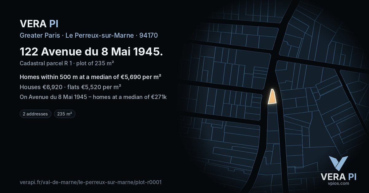 122 Avenue du 8 Mai 1945, Le Perreux-sur-Marne at night – the plot lit, the parcels around coloured by the prices near them