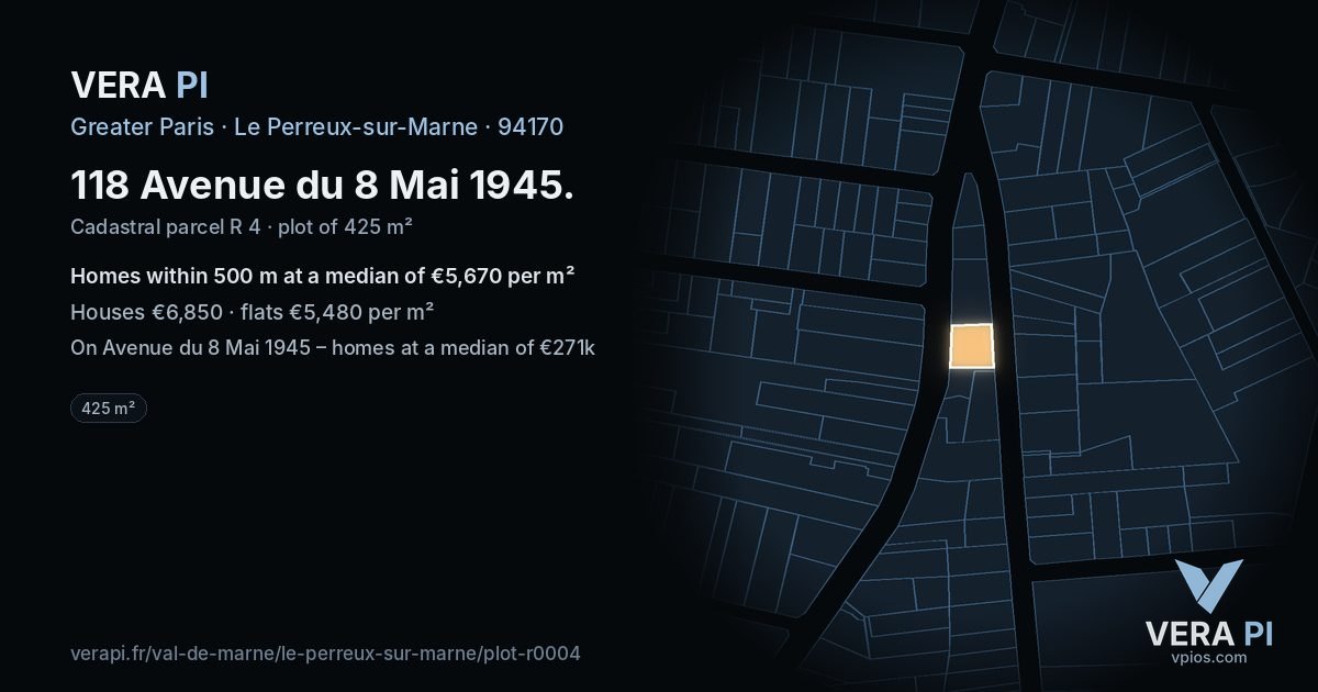 118 Avenue du 8 Mai 1945, Le Perreux-sur-Marne at night – the plot lit, the parcels around coloured by the prices near them