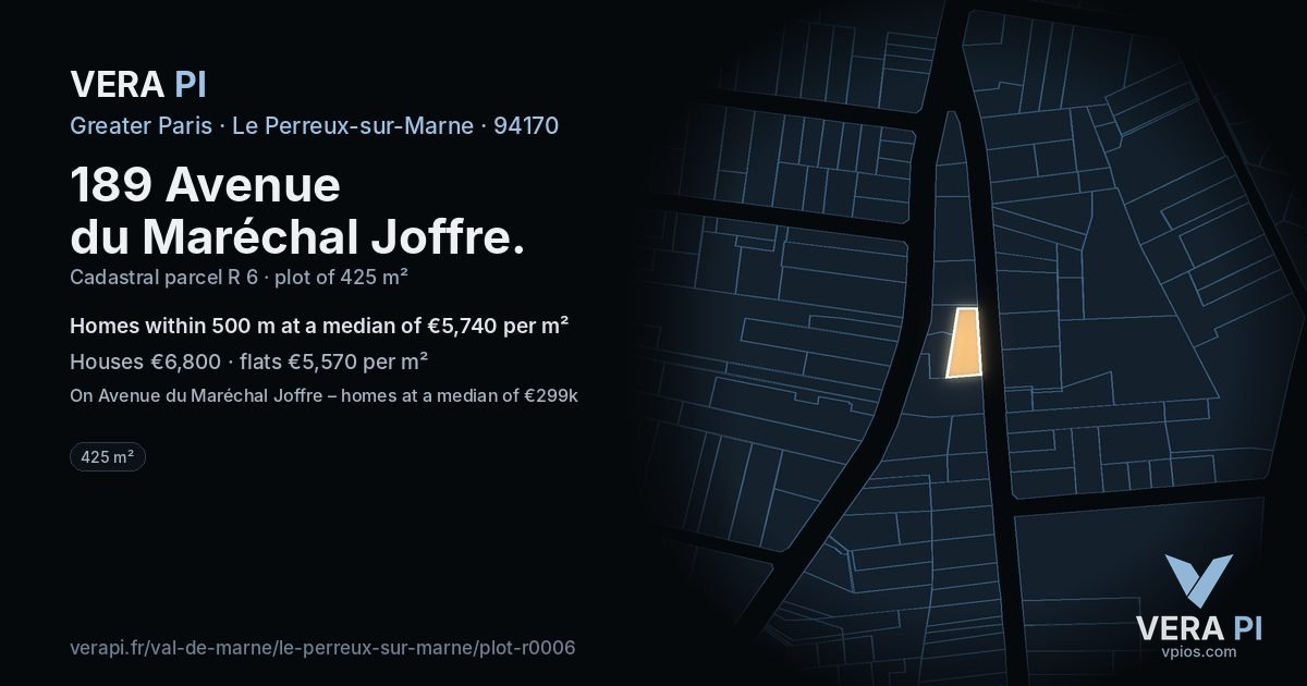 189 Avenue du Maréchal Joffre, Le Perreux-sur-Marne at night – the plot lit, the parcels around coloured by the prices near them