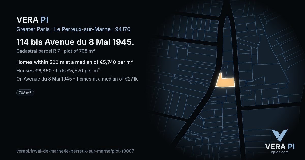 114 bis Avenue du 8 Mai 1945, Le Perreux-sur-Marne at night – the plot lit, the parcels around coloured by the prices near them