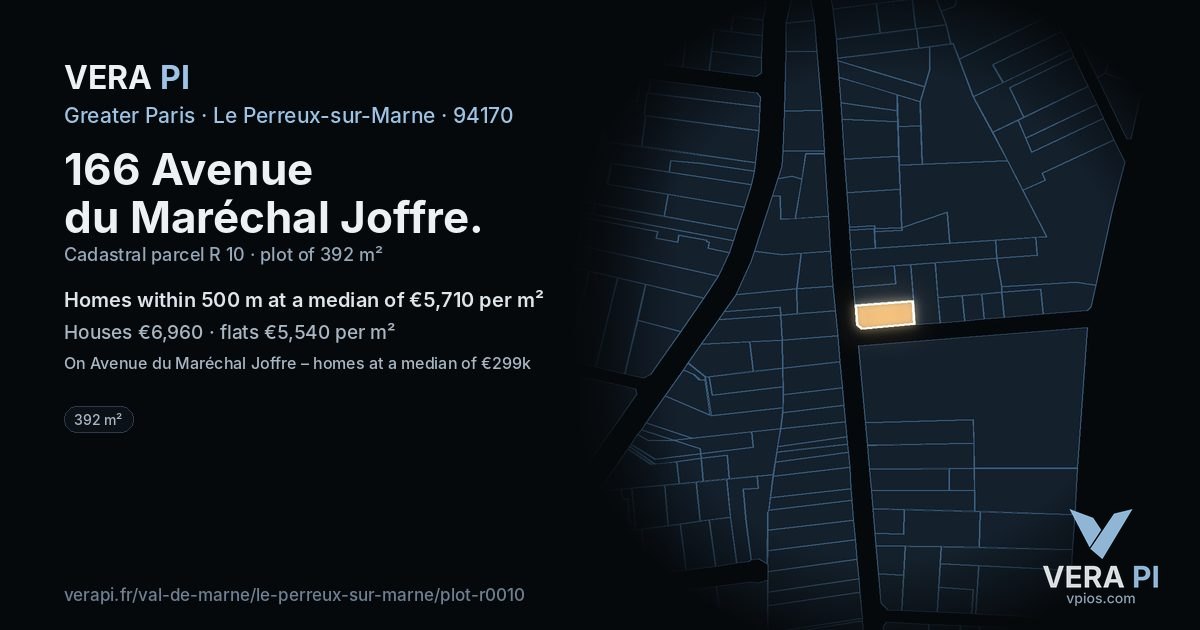 166 Avenue du Maréchal Joffre, Le Perreux-sur-Marne at night – the plot lit, the parcels around coloured by the prices near them