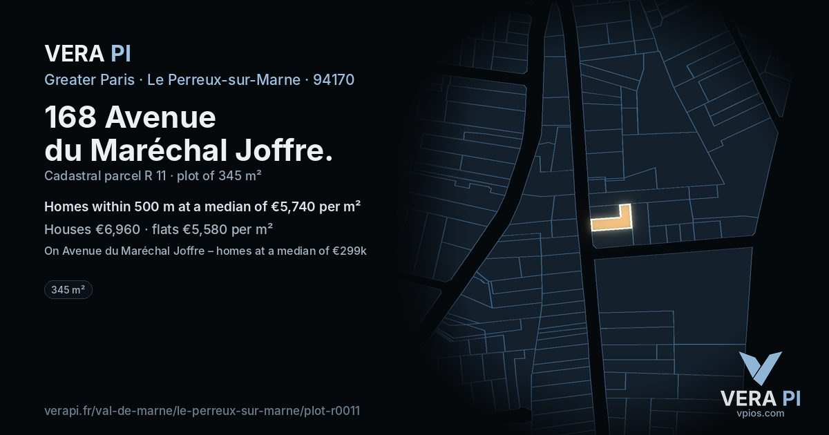 168 Avenue du Maréchal Joffre, Le Perreux-sur-Marne at night – the plot lit, the parcels around coloured by the prices near them
