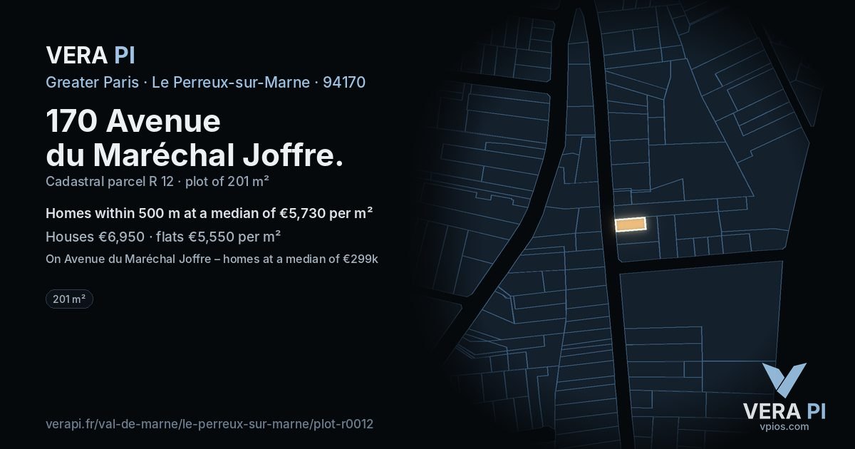 170 Avenue du Maréchal Joffre, Le Perreux-sur-Marne at night – the plot lit, the parcels around coloured by the prices near them