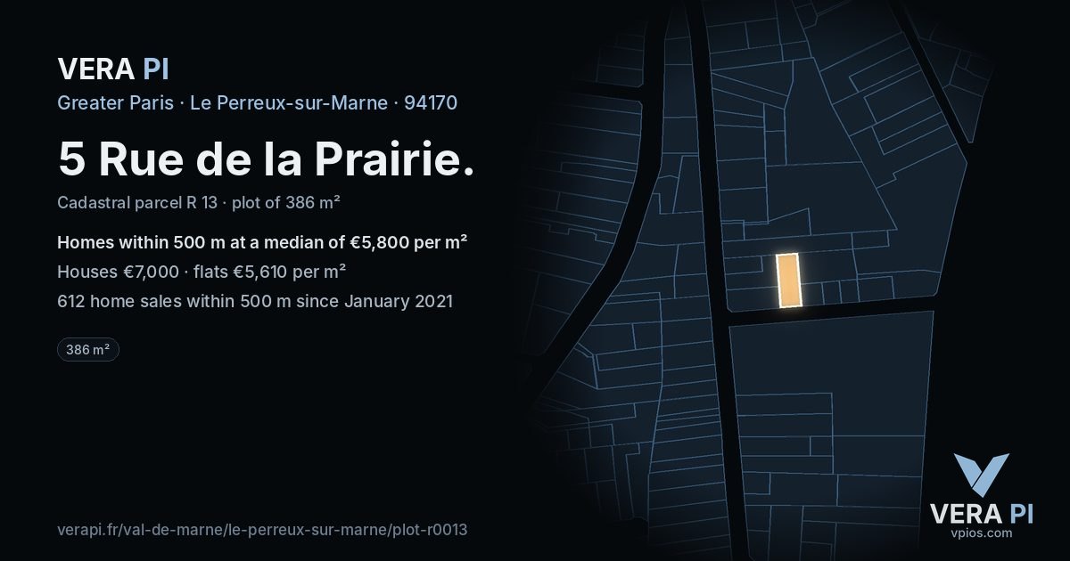 5 Rue de la Prairie, Le Perreux-sur-Marne at night – the plot lit, the parcels around coloured by the prices near them