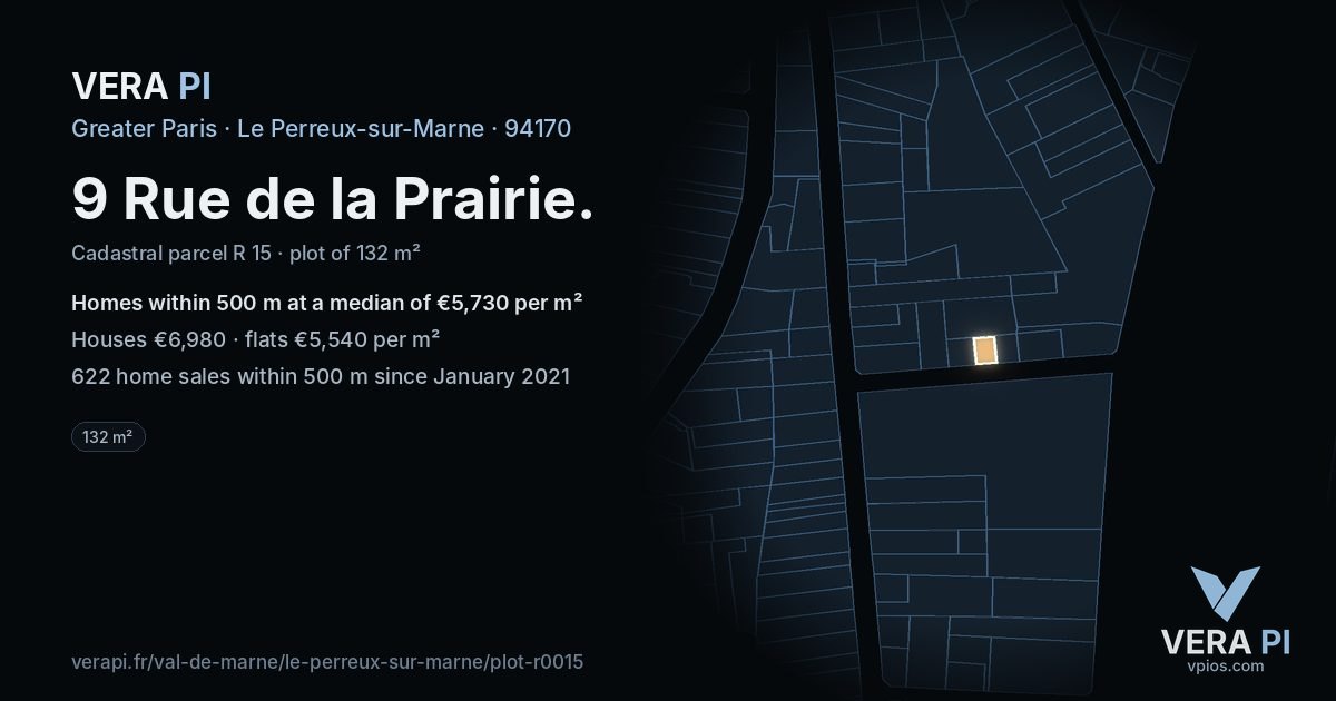 9 Rue de la Prairie, Le Perreux-sur-Marne at night – the plot lit, the parcels around coloured by the prices near them