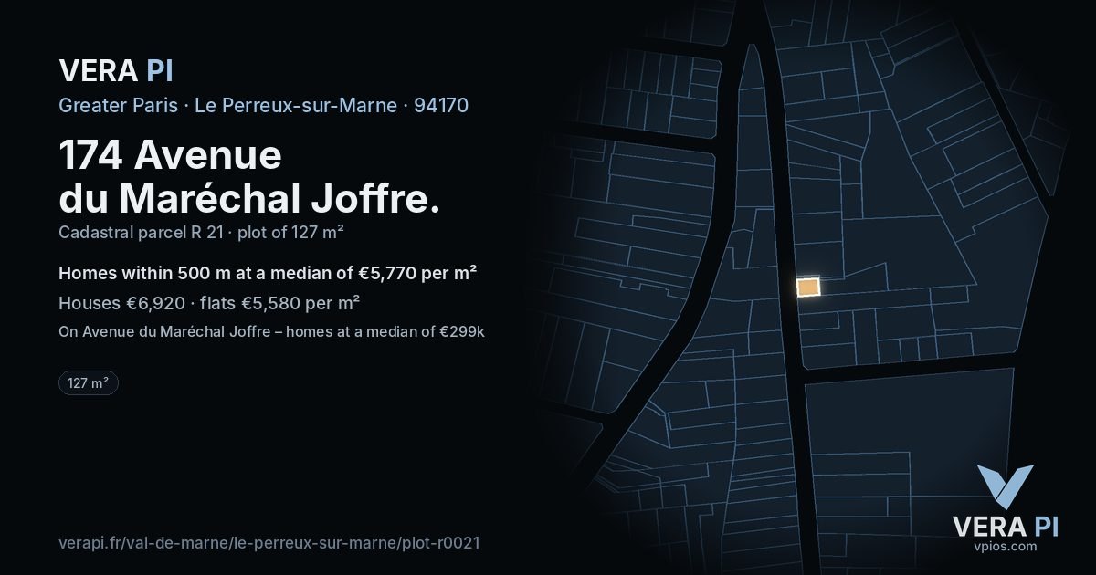 174 Avenue du Maréchal Joffre, Le Perreux-sur-Marne at night – the plot lit, the parcels around coloured by the prices near them