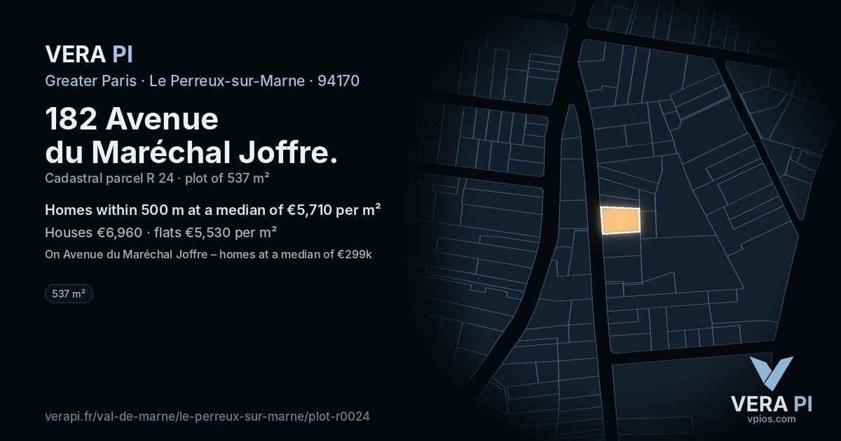182 Avenue du Maréchal Joffre, Le Perreux-sur-Marne at night – the plot lit, the parcels around coloured by the prices near them