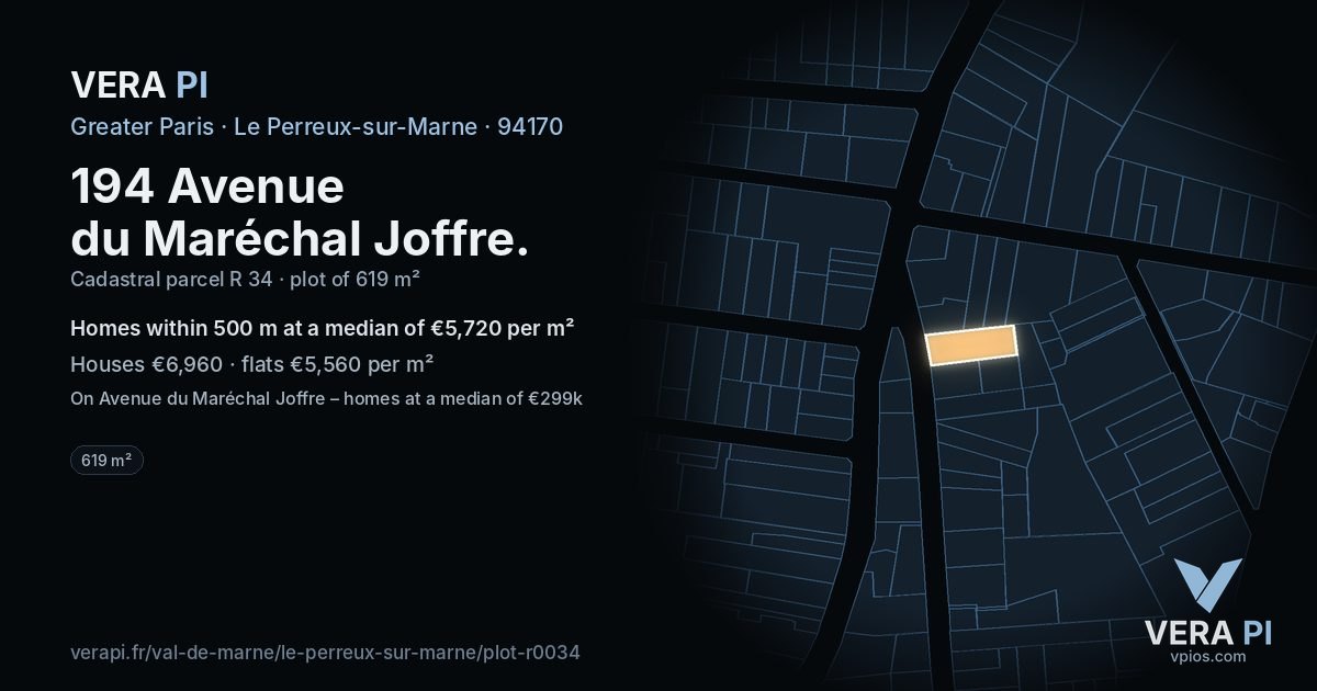 194 Avenue du Maréchal Joffre, Le Perreux-sur-Marne at night – the plot lit, the parcels around coloured by the prices near them