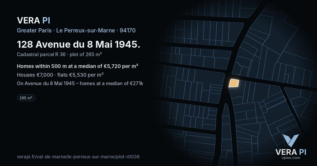 128 Avenue du 8 Mai 1945, Le Perreux-sur-Marne at night – the plot lit, the parcels around coloured by the prices near them