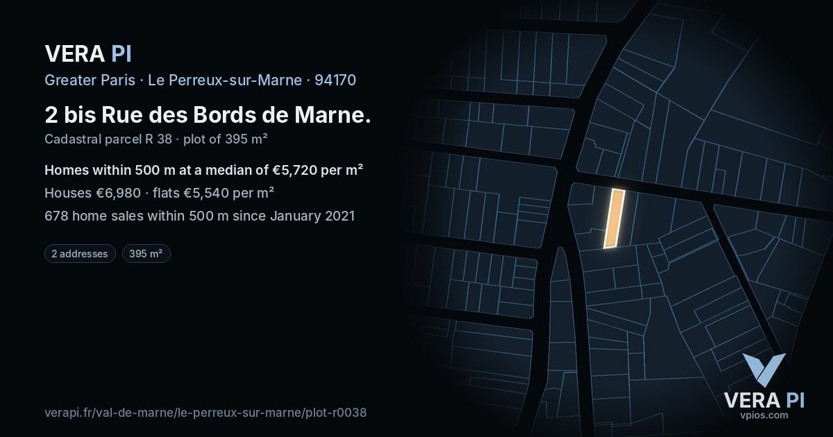 2 bis Rue des Bords de Marne, Le Perreux-sur-Marne at night – the plot lit, the parcels around coloured by the prices near them
