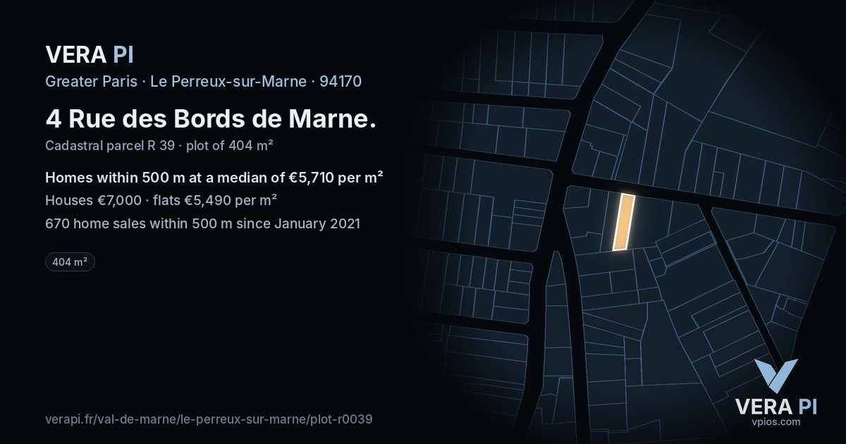 4 Rue des Bords de Marne, Le Perreux-sur-Marne at night – the plot lit, the parcels around coloured by the prices near them
