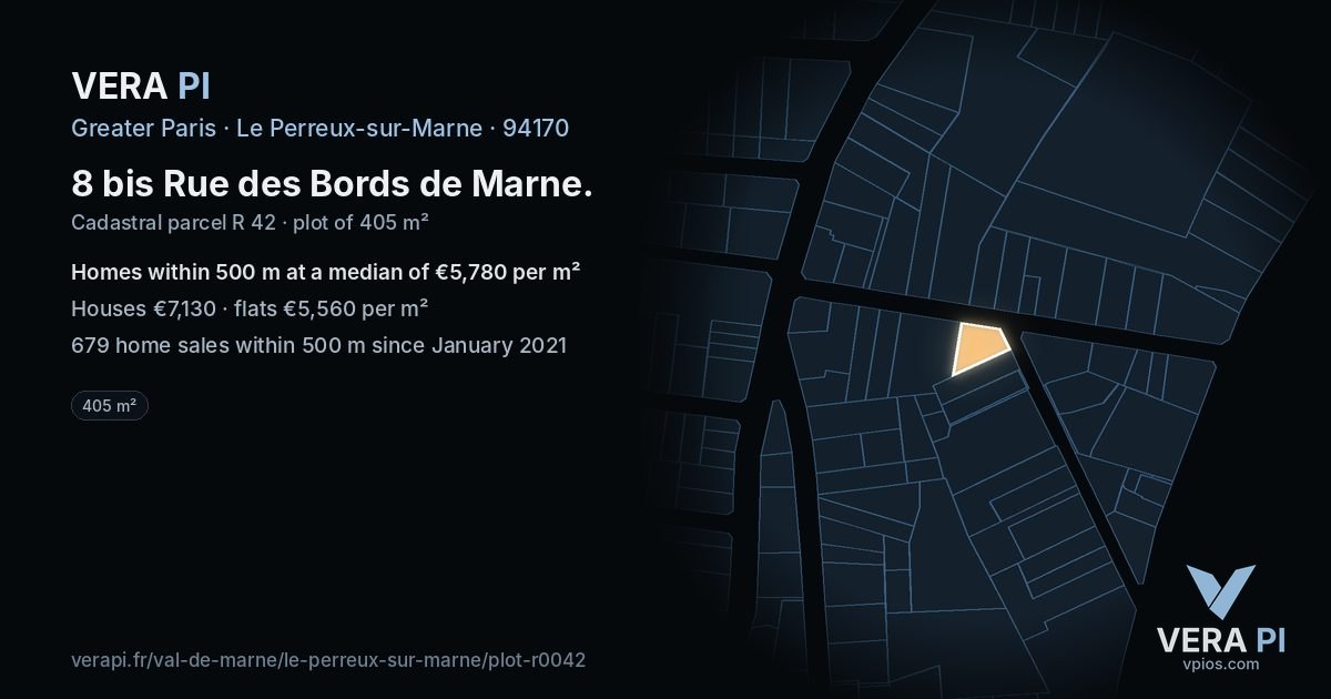 8 bis Rue des Bords de Marne, Le Perreux-sur-Marne at night – the plot lit, the parcels around coloured by the prices near them