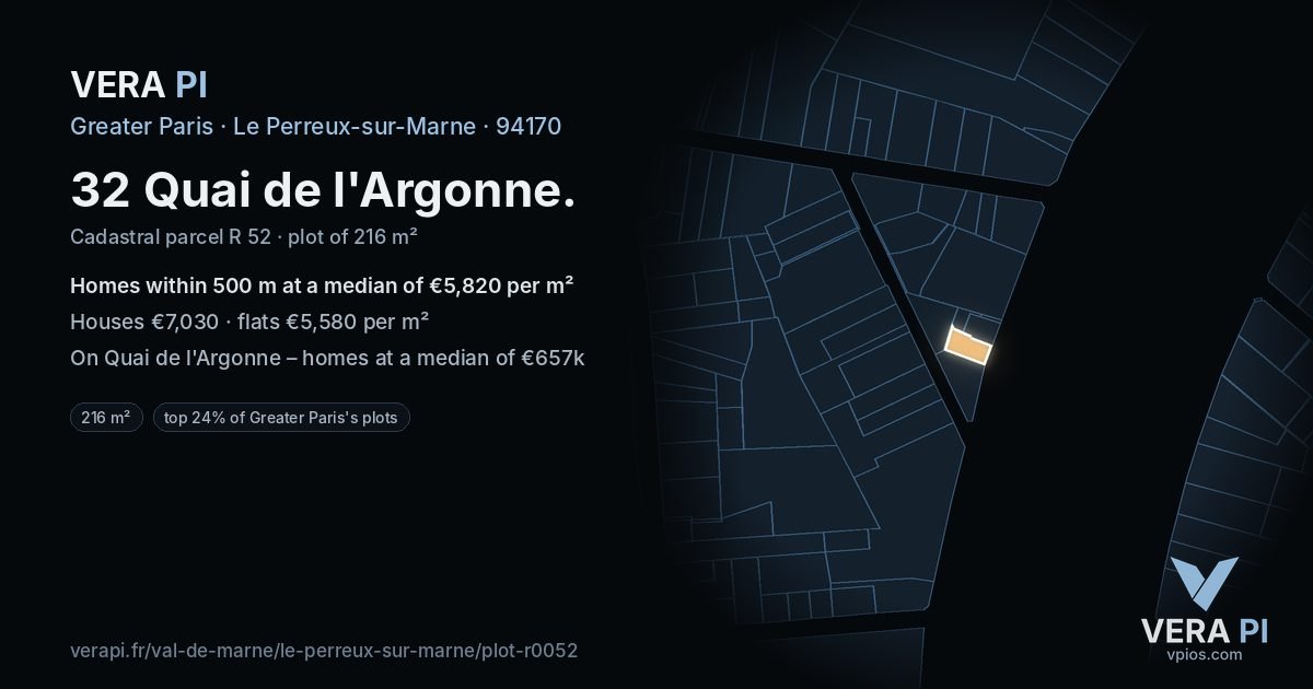 32 Quai de l'Argonne, Le Perreux-sur-Marne at night – the plot lit, the parcels around coloured by the prices near them