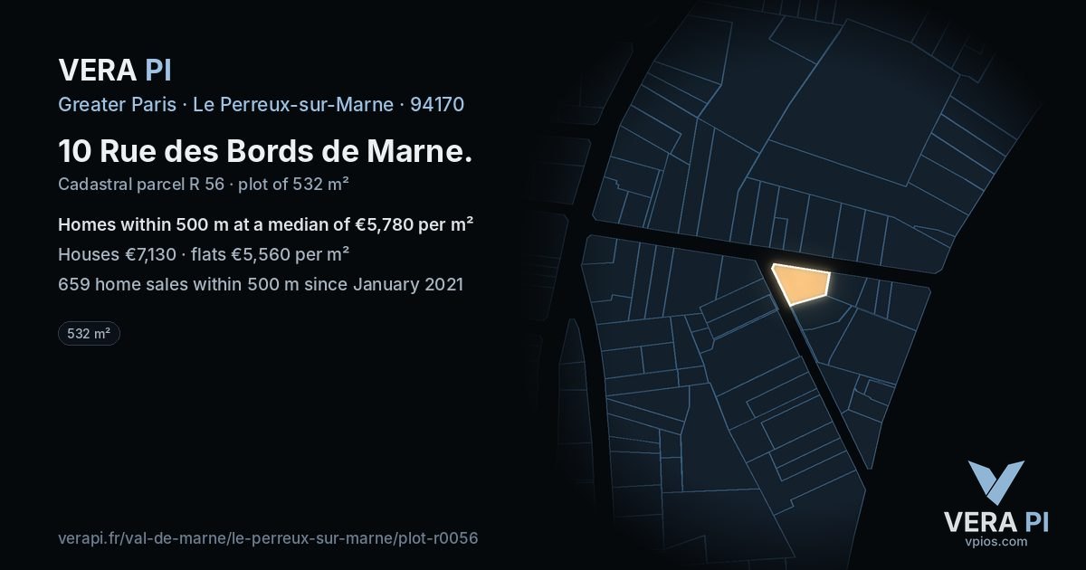 10 Rue des Bords de Marne, Le Perreux-sur-Marne at night – the plot lit, the parcels around coloured by the prices near them