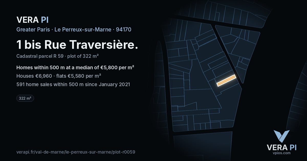 1 bis Rue Traversière, Le Perreux-sur-Marne at night – the plot lit, the parcels around coloured by the prices near them