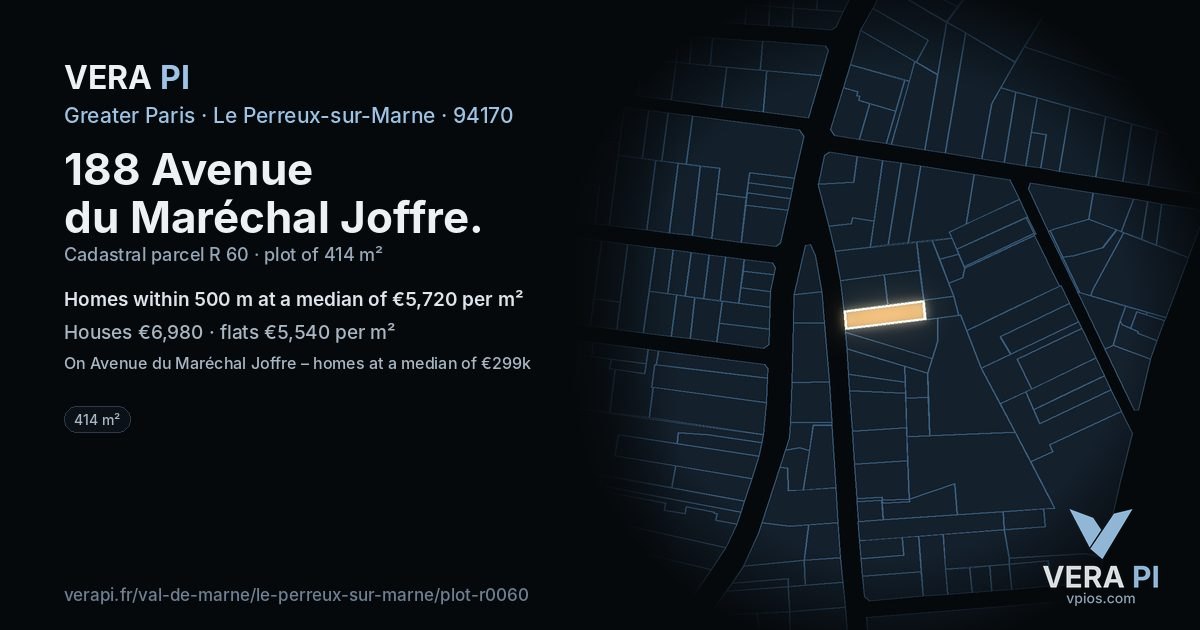 188 Avenue du Maréchal Joffre, Le Perreux-sur-Marne at night – the plot lit, the parcels around coloured by the prices near them