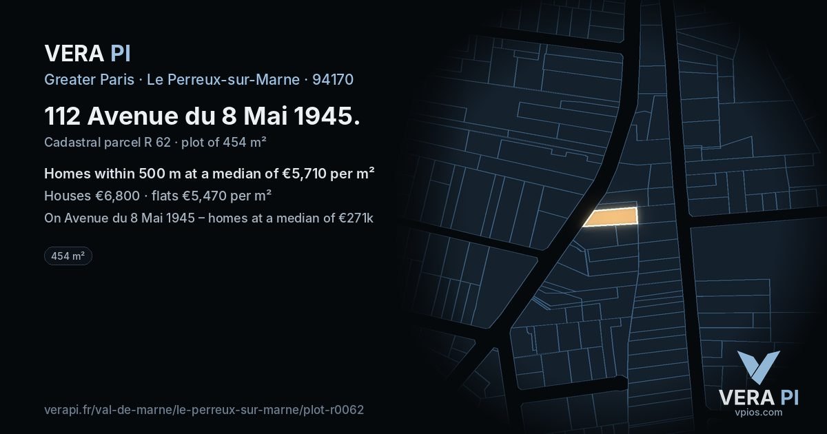 112 Avenue du 8 Mai 1945, Le Perreux-sur-Marne at night – the plot lit, the parcels around coloured by the prices near them