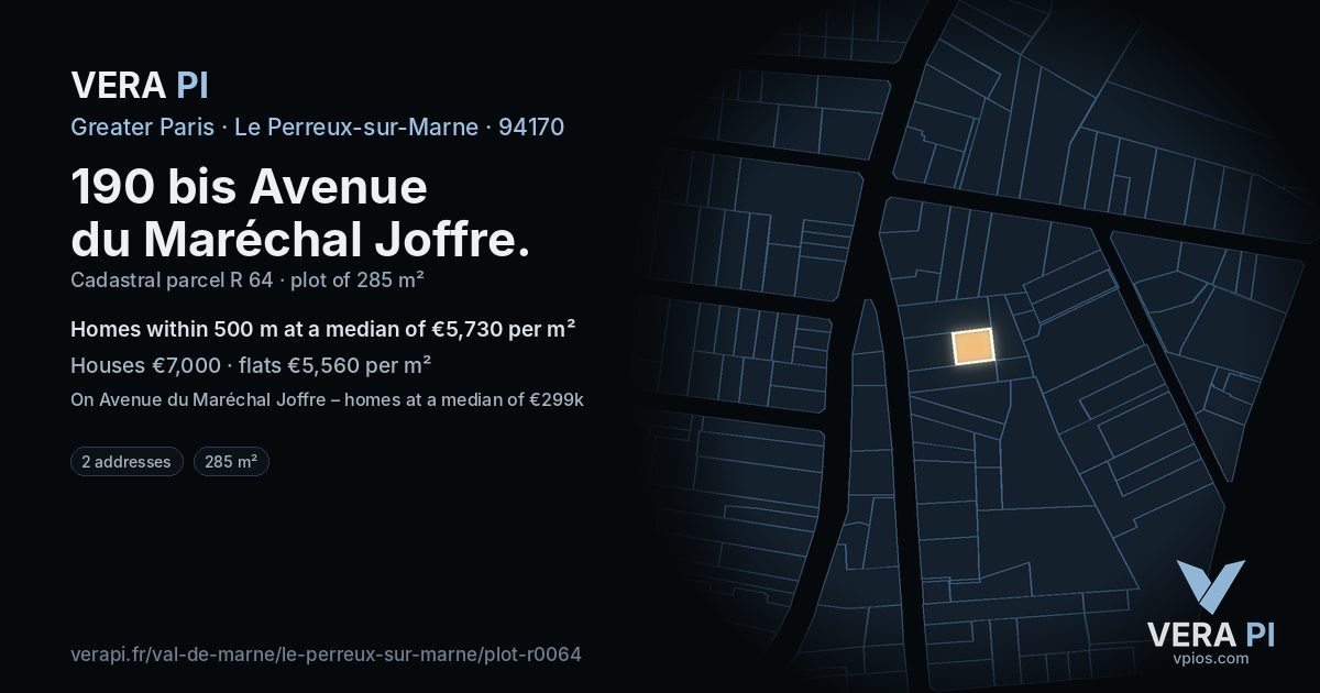190 bis Avenue du Maréchal Joffre, Le Perreux-sur-Marne at night – the plot lit, the parcels around coloured by the prices near them
