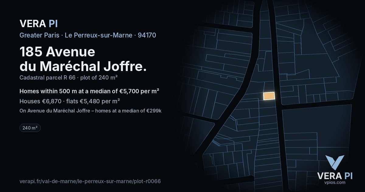 185 Avenue du Maréchal Joffre, Le Perreux-sur-Marne at night – the plot lit, the parcels around coloured by the prices near them